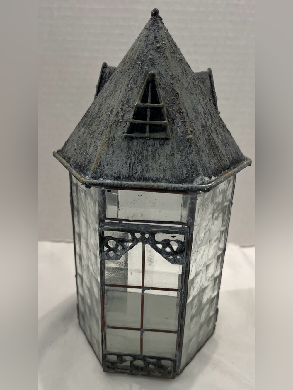 Decorative Metal w/Leaded Beveled Glass Candle Holder